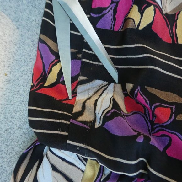 Vintage Secretary Dress Mixed Floral Stripes Pleated Skirt V Back USA - Picture 6 of 9